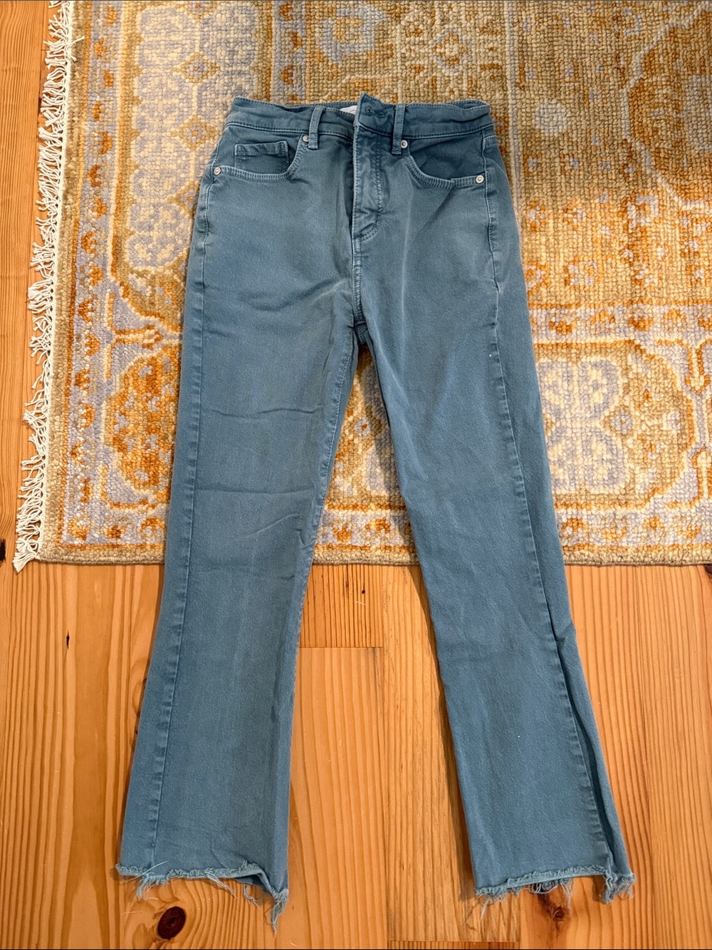 Loft Women’s High-Rise Raw-Hem Jeans in Teal Blue